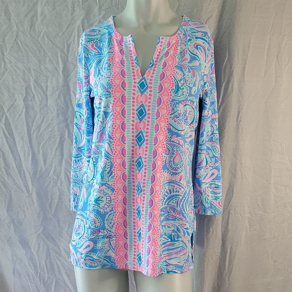 Lilly Pulitzer Colorful Blouse Blue and Pink Split Neck Top Long Sleeve Small
